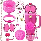 Hpebl 11PCS Accessories for Stanley Cup 40oz&30oz Tumbler Valentines Accessories including Silicone Cute Bow Straw Topper Cover Silicone Boot Leather Water Handle Strap Bracelet Y2K Fuchsia Charms