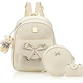 Noamus 3Pcs Cute Leather Backpack Purse for Women, Mini Bowknot Shoulder Bag, Fashion Beige Zipper Bags with Bear Pendant, Casual Bag Travel Daypacks for Lady Gift