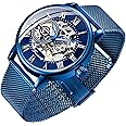 Dentily Men's Skeleton Watch Classic Roman Numeral Steampunk Mechanical Watch Hand-Wind Mens Watches (Blue)