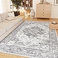 CAPALOCA Machine Washable 6x9 Area Rugs for Living Room Vintage Carpet Non Slip Low Pile Water Repellent Soft Print Pattern for Bedroom Indoor Decor Polyester Rug Blackgray