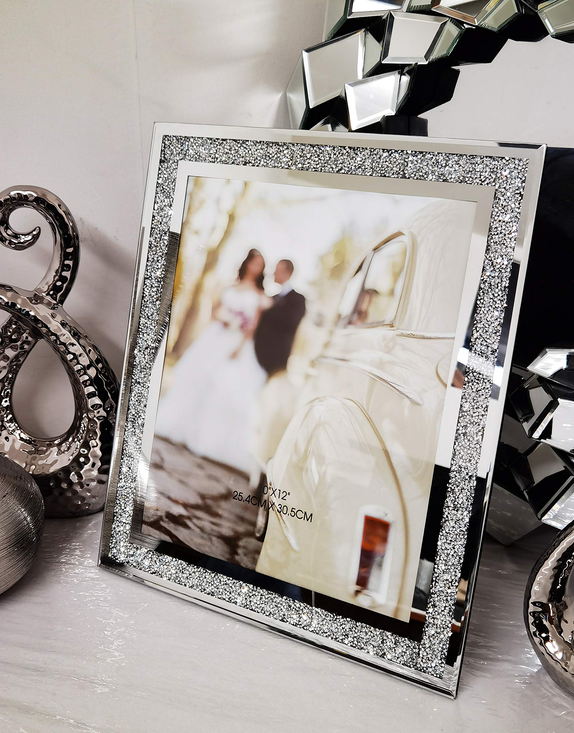 GLASS PHOTO FRAME JEWEL MIRROR SILVER LOOSE DIAMANTE NEW CRYSTAL DECOR MIRROR PHOTO FRAME SPARKLE GIFT WEDDING FRIENDS FOR DESK (10 x 8 inches)