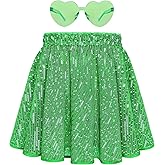 eccbox Girls Glitter Skirt Sparkle Sequin Shiny Pleated A-Line Mini Skort Party Dance Skirt with Glasses