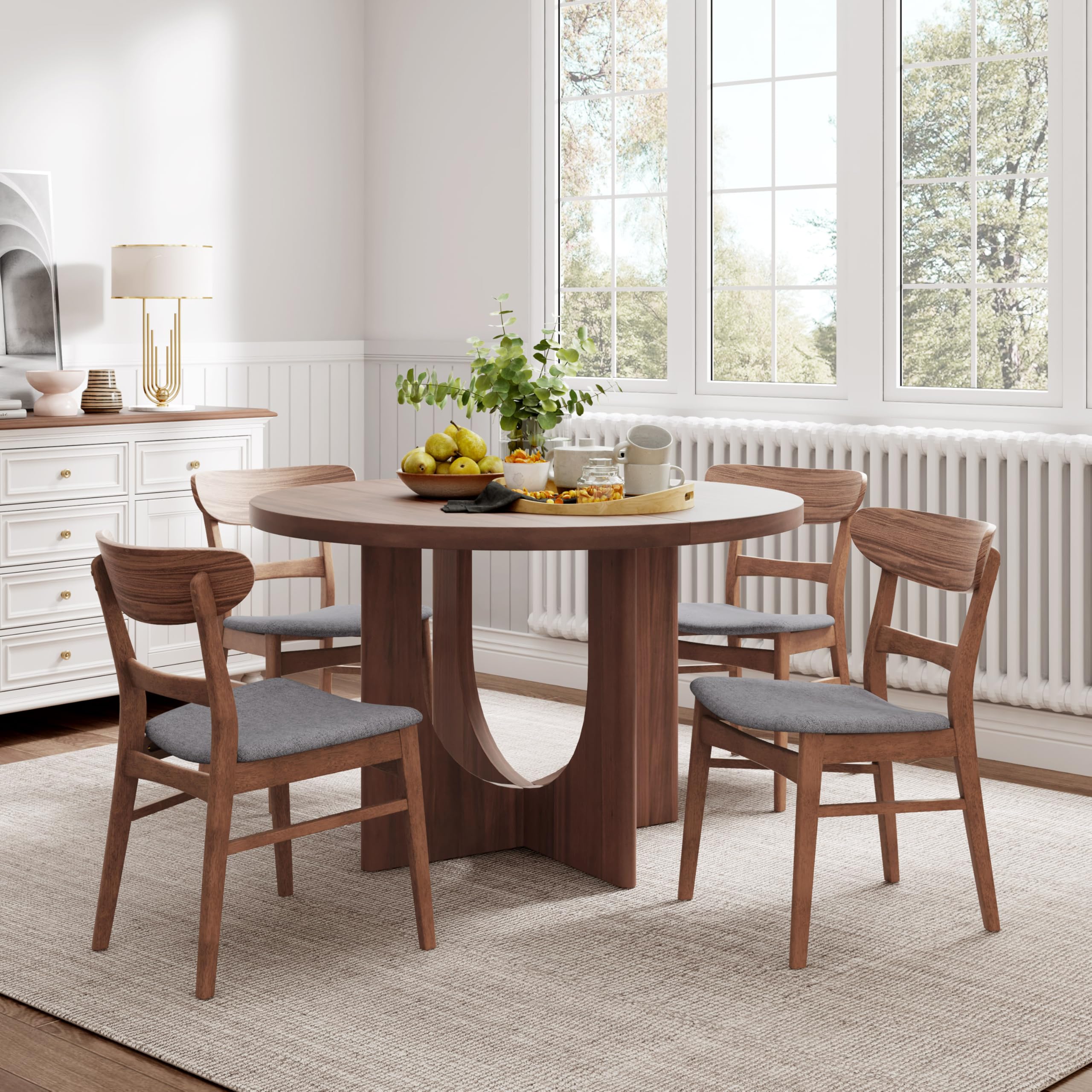 Photo 1 of ****TWO CHAIRS ONLY**** Merax 5-Piece Retro Dining Set - 48" Round Cross-Leg Table & 4 Upholstered Chairs, Mid-Century Modern Kitchen Set with Rubberwood Frame for Kitchen Dining Room, Cappuccino+Walnut
