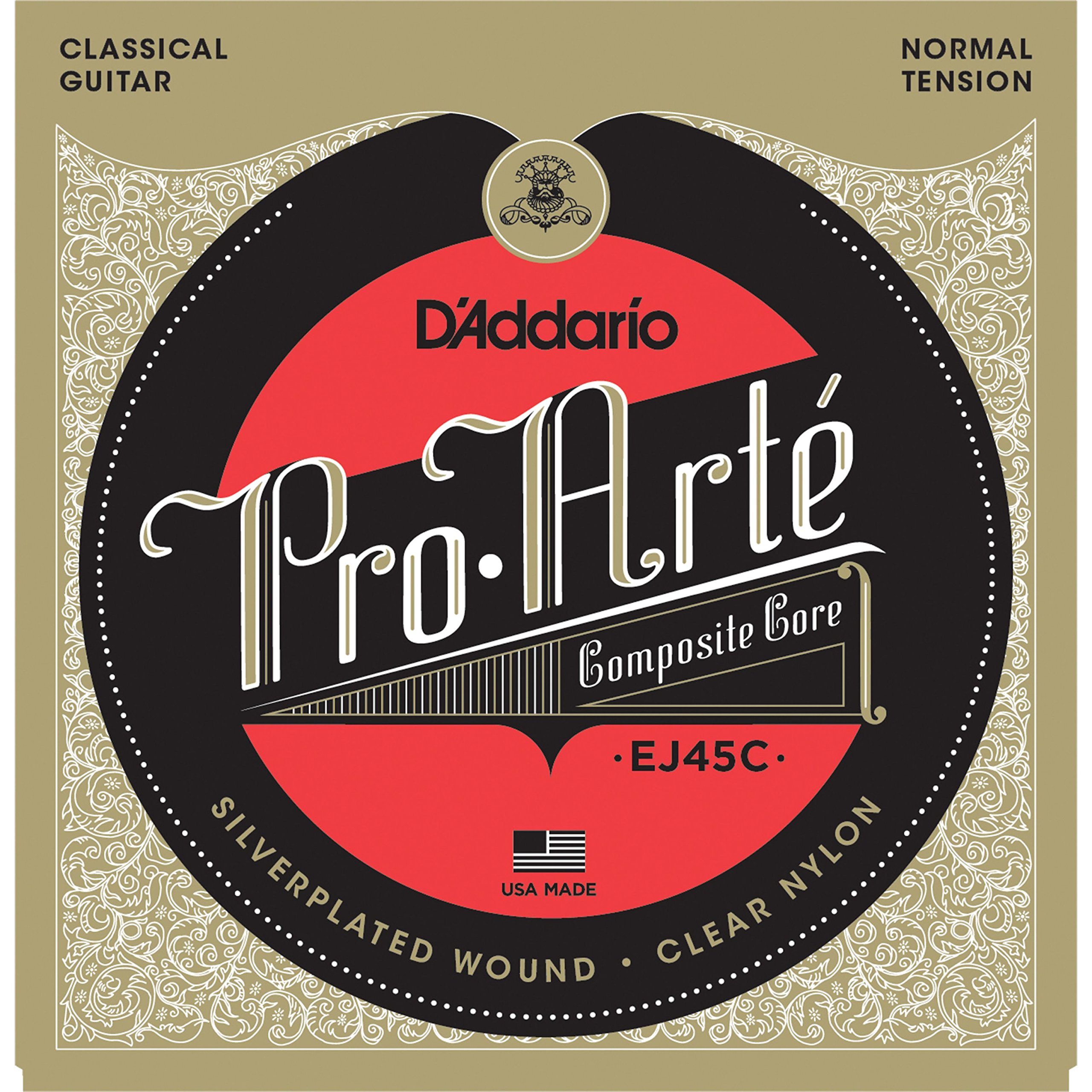D'Addario Guitar Strings - Pro-Arte Classical Guitar Strings - EJ45C - Nylon Guitar Strings - Silver Plated Wrap, Composite Core, Clear Nylon Trebles - Normal Tension