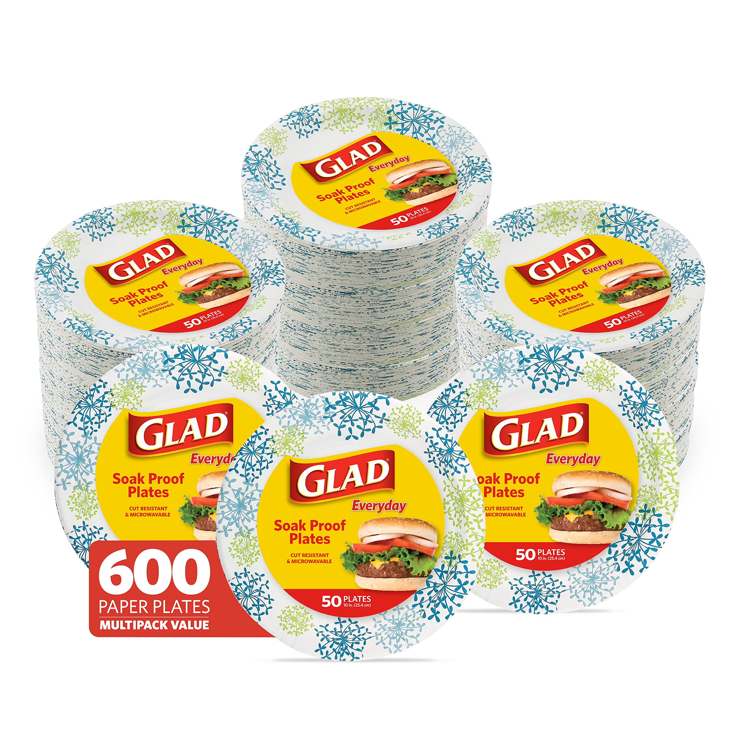 Glad Round Disposable Paper Plates, Blue Hydrangea Pattern - Strong, Sturdy, Soak Proof, and Microwavable Decorative Plates for Dinner and Everyday Use, 10 Inch, 50 Count - 12 Pack Image