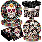 XIENBLOC 168pcs Day of the Dead Party Supplies Plates Napkins Dia de Los Muertos Tableware Set Sugar Skull Paper Plates Black Forks for Day of the Dead Party Decoration Serve 24