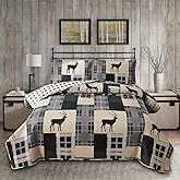 Lodge Bedspread Set King Size Rustic Cabin Quilt Set Deer Bedding Sets Lightweight Coverlet Reversible Bedspreads Elk Moose Printed Bedcover Dark Green Beige Plaid Patchwork Bedding Country Decor