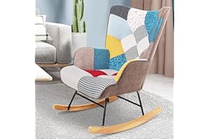 KGOPK Nursery Rocking Chair, Mid Century Upholstered Rocker Glider Chair High Back Armchair with Wood Legs and Patchwork Linen for Livingroom Bedroom