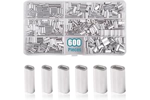 OROOTL Fishing Crimp Sleeves Kit, 600pcs Single Barrel Crimp Sleeves Assortment Aluminum Fishing Line Crimping Sleeves Oval Fishing Loop Sleeves Tube Connector Wire Rope Cable Leader Rigging Tackle