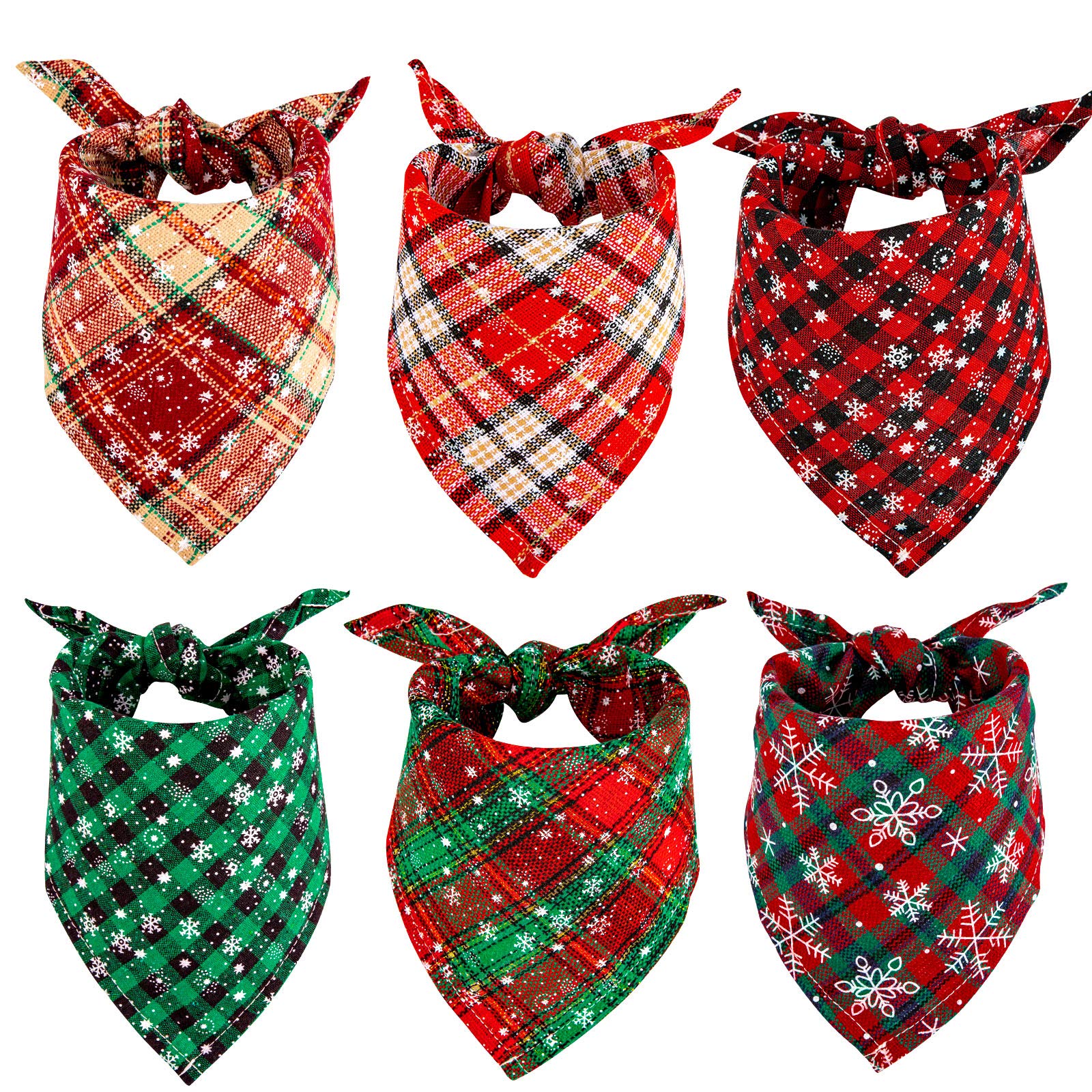 Whaline 6 Pack Christmas Dog Bandanas Reversible Red Green Buffalo Plaid Triangle Bids Snowflakes Pet Scarf Washable Cotton Pet Neckerchief Pet Costume Accessories Decoration for Cats Dogs