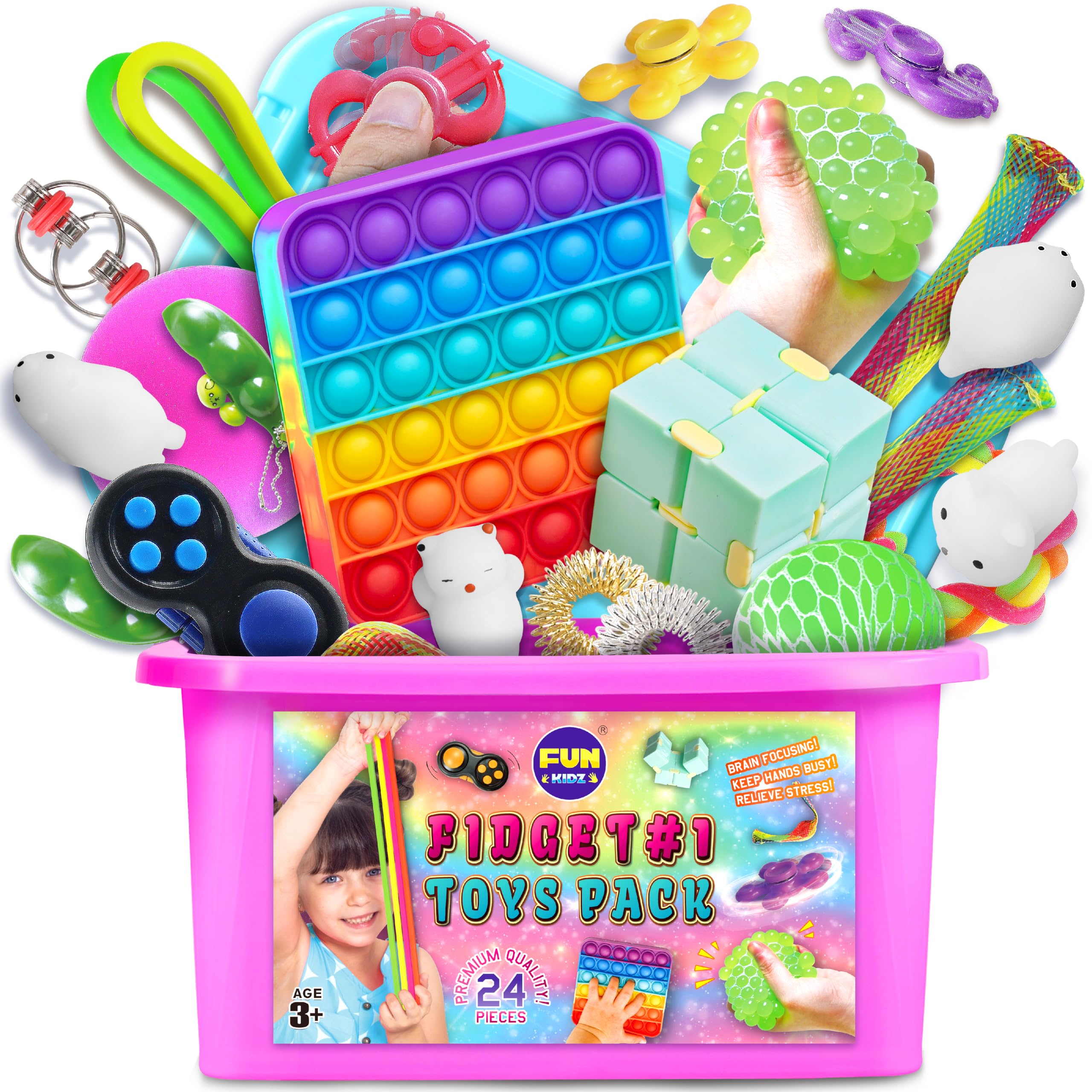 Fidget Box for Girls Boys, FunKidz Mystery Sensory Fidget Pack Toys for Stress Relief Kids Party Favors Gift Classroom Prizes Travel Camping with Portable Case