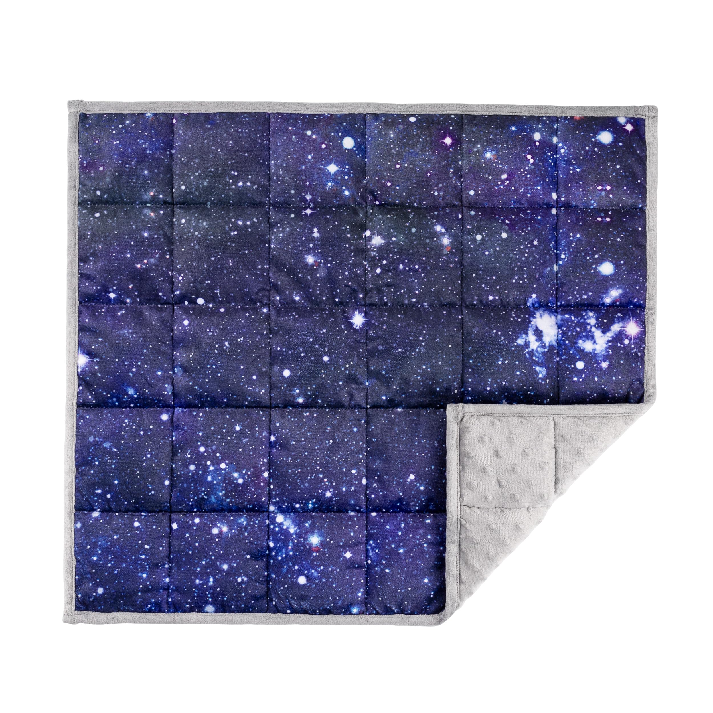 Solfres 5lbs Small Weighted Lap Pad Blanket Throw 20in x 23in - Therapy Plush Travel Size with Glass Beads, Dark Blue Universe Galaxy