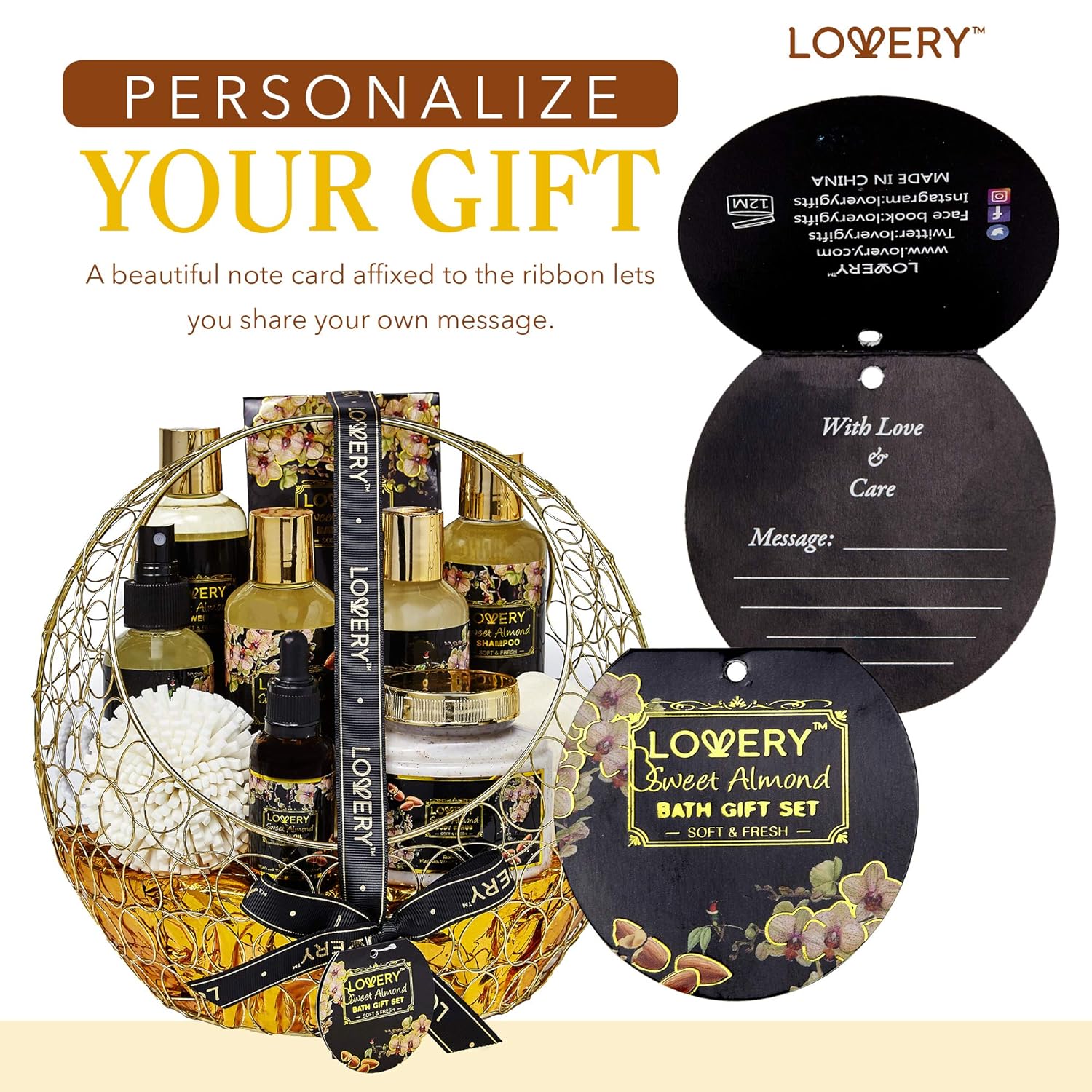 Bath and Body Gift Basket For Women and Men – Sweet Almond Home Spa Set with Fragrant Body Lotions, Bath Bombs, Gold Candy Dish and Much More - 11 Piece Set : Beauty