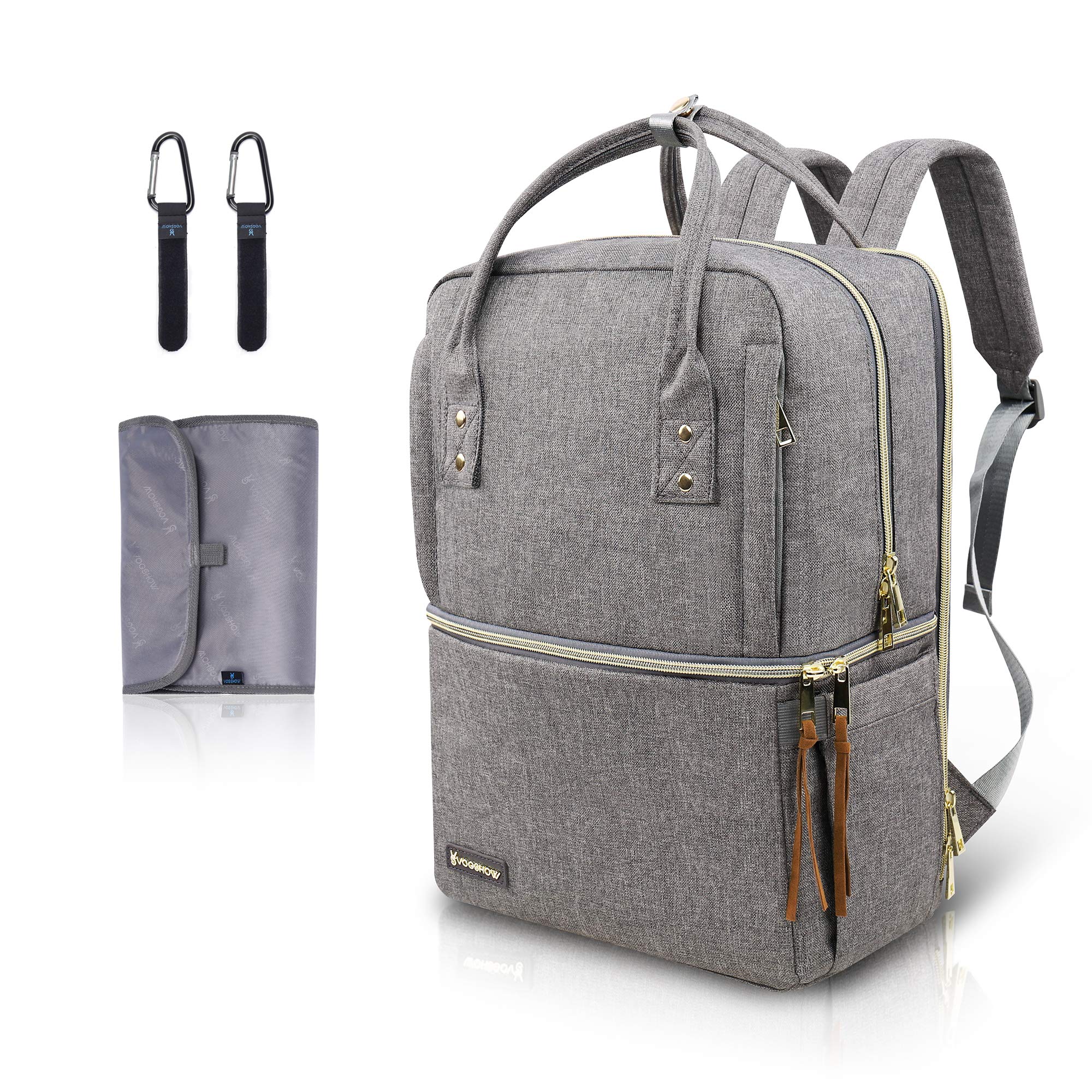 VOGSHOW Baby Changing Backpack Adjustable Double Layer Changing Bag with Changing Mat and 2 Pram Straps Large Capacity Multifunctional Baby Bag Water-Repellent Backpack for Mum Dad