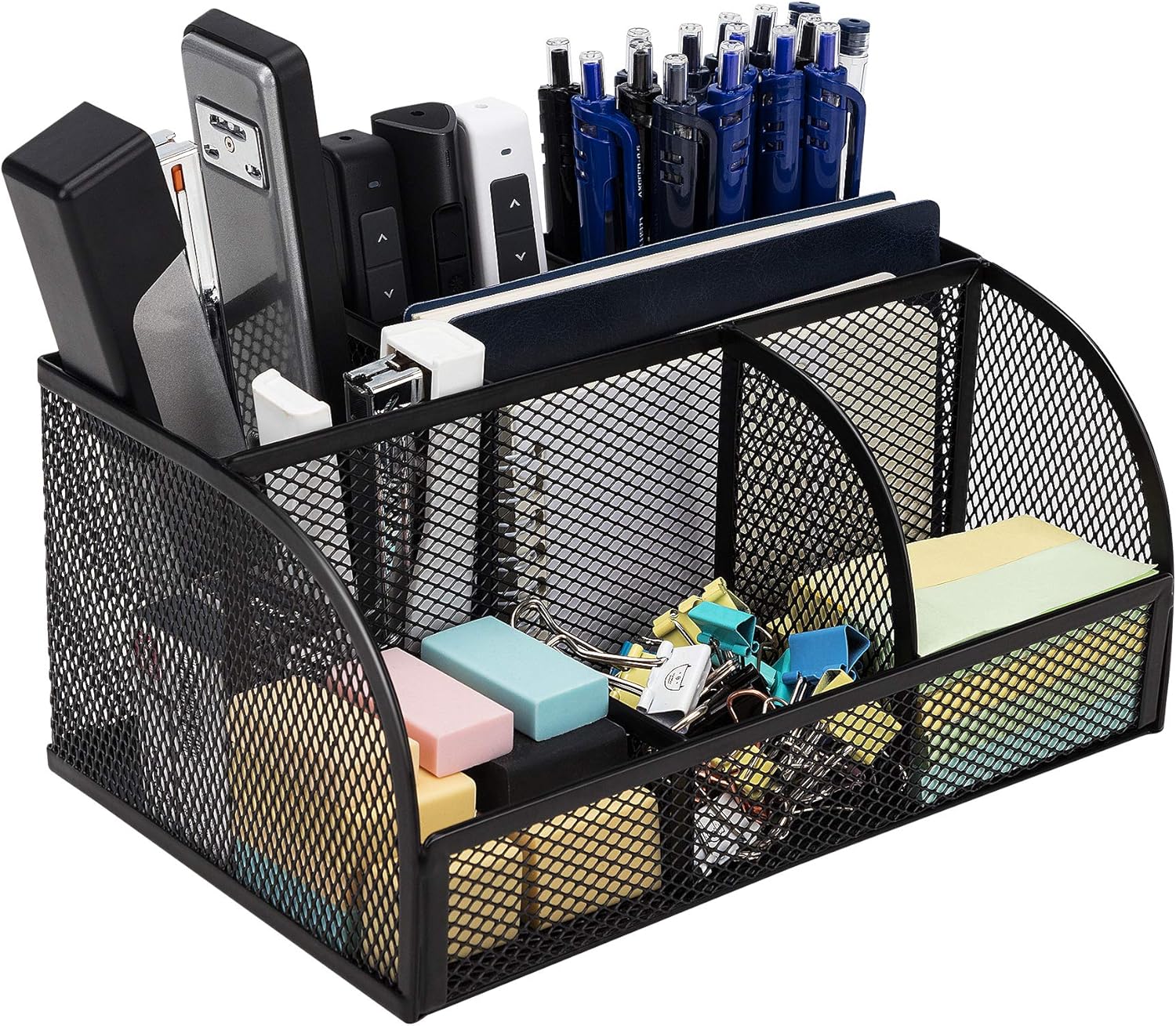 Deli Mesh Desk Organizer Office Supplies Caddy with Pen Holder and Storage Baskets for Desktop Accessories, 7 Compartments, Black : Office Products