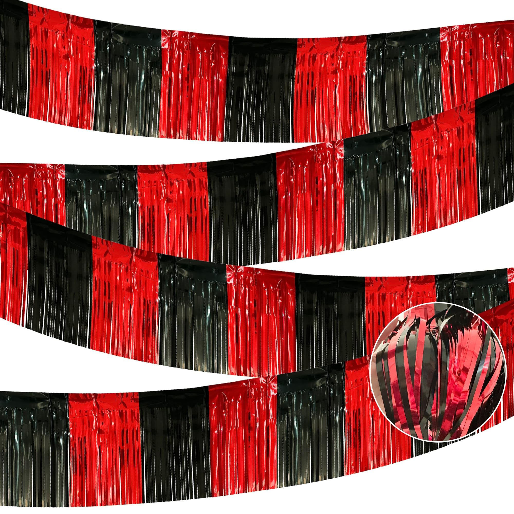 Photo 1 of 4 Pack 10 Feet Black Red Parade Floats Foil Fringe Garland Metallic Tinsel Streamers Banner Fringe Curtain Banner for Halloween Graduation Homecoming Birthday Party Decorations (Black, Red)
