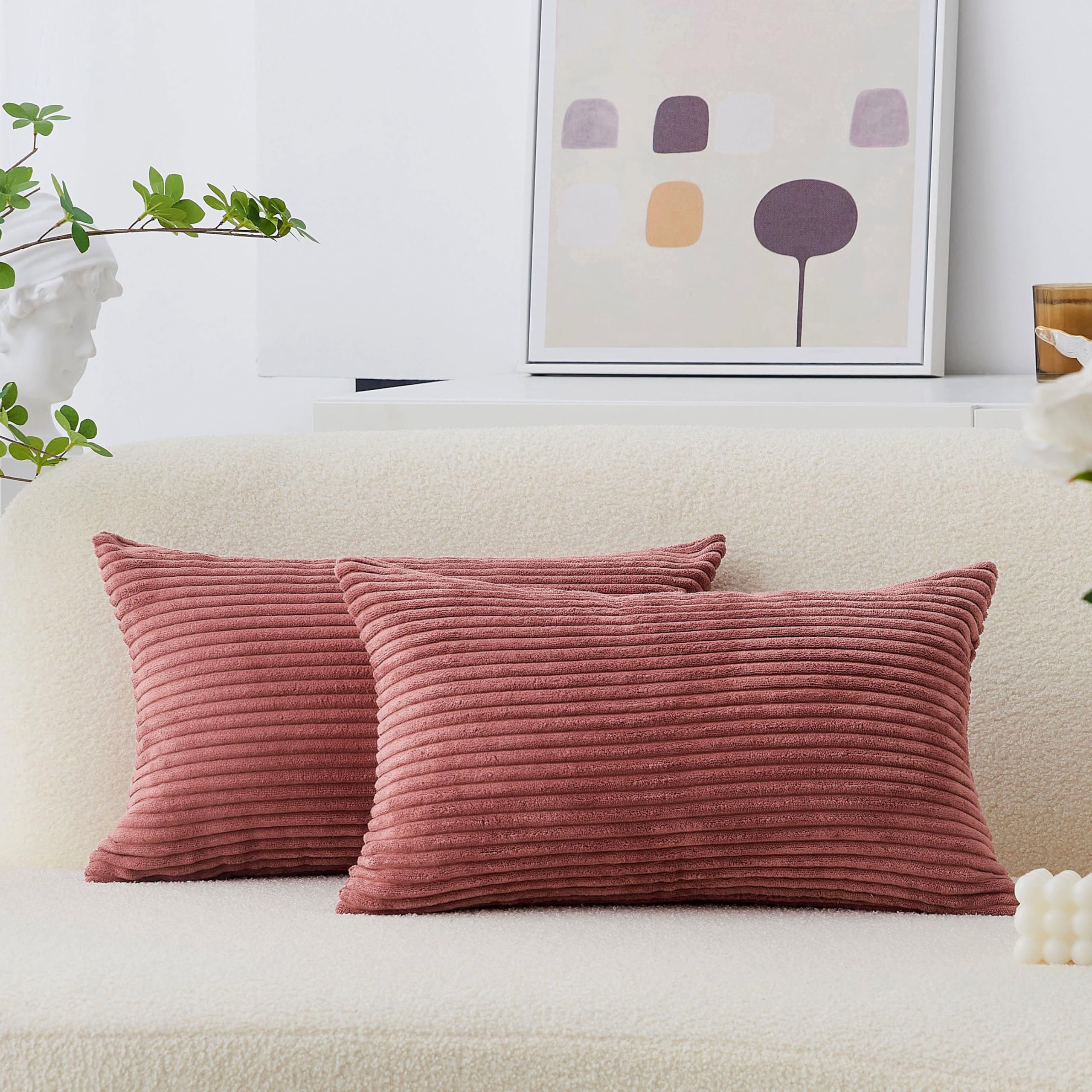 Photo 1 of Home Brilliant Lumbar Pillow Covers Rectangle Set of 2 Throw Pillows Striped Corduroy Cushion Covers for Gift Girl's Room Decor, 12 x 20 inch, Dry Rose Pink