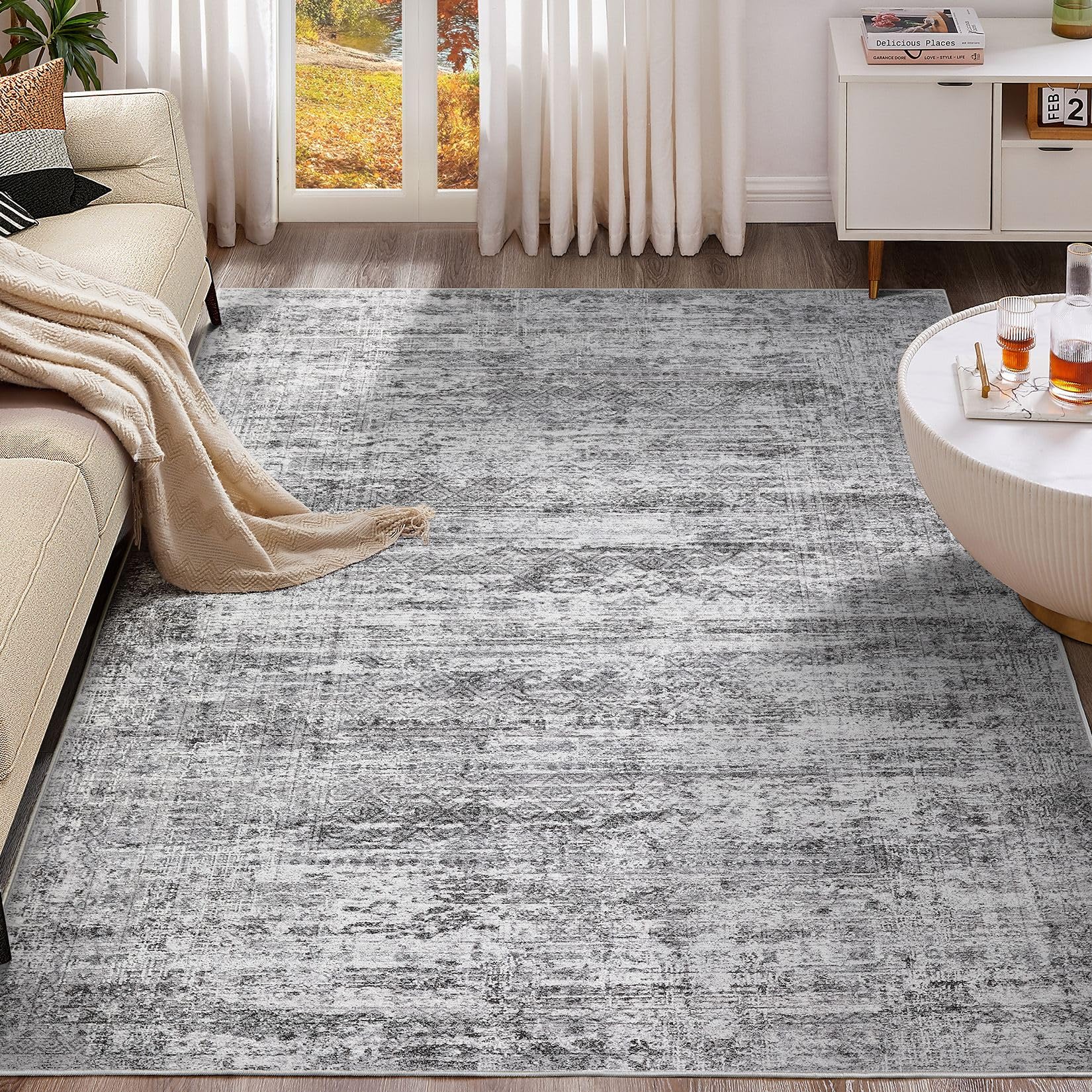 Photo 1 of UERMEI 5x7 Area Rug Living Room Rugs - Washable Neutral Modern Abstract Soft Thin Rug Indoor Floor No Slip Rug Carpet for Bedroom Under Dining Table Home Office Decor - Light Gray