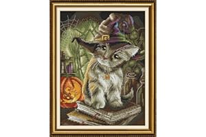 Stitchmelody 14CT Counted Cross Stitch Kits,DMC Unprinted Pattern Embroidery Set Needlework-Cat Magician 9.8''×12.6''