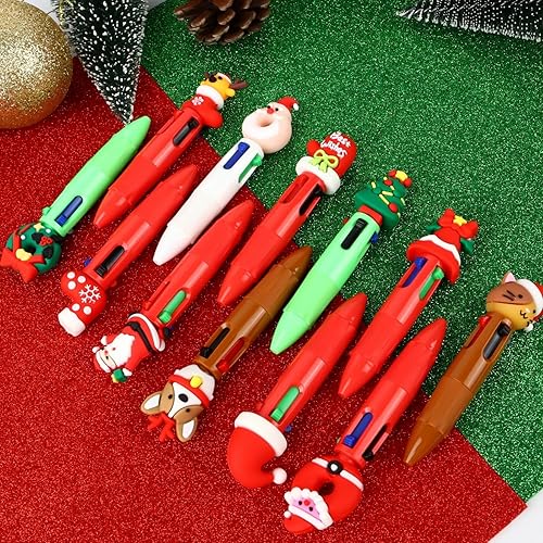 Ajmyonsp 12 Style Christmas Pens Bulk, Multicolor 4 in 1 Christmas Pens, Mini Xmas Tree Wreath Stocking Ballpoint Pen, Stocking Stuffers Cute Winter Pen Bulk for Students, Classmates, 12Pcs