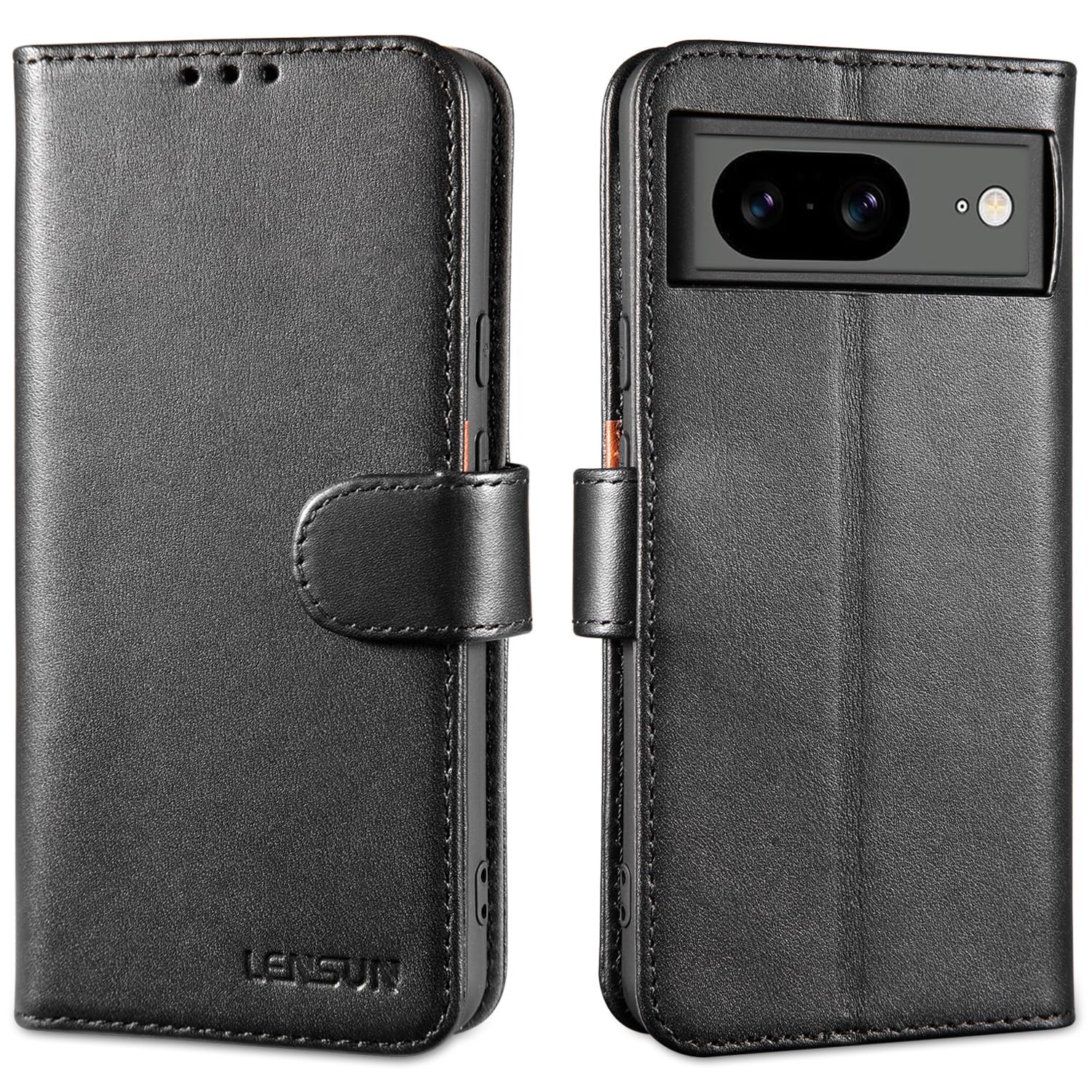 LENSUN Leather Case for Google Pixel 8 5G, Genuine Leather Flip Case with Magnetic Closure, RFID Protection, Card Slot - Black