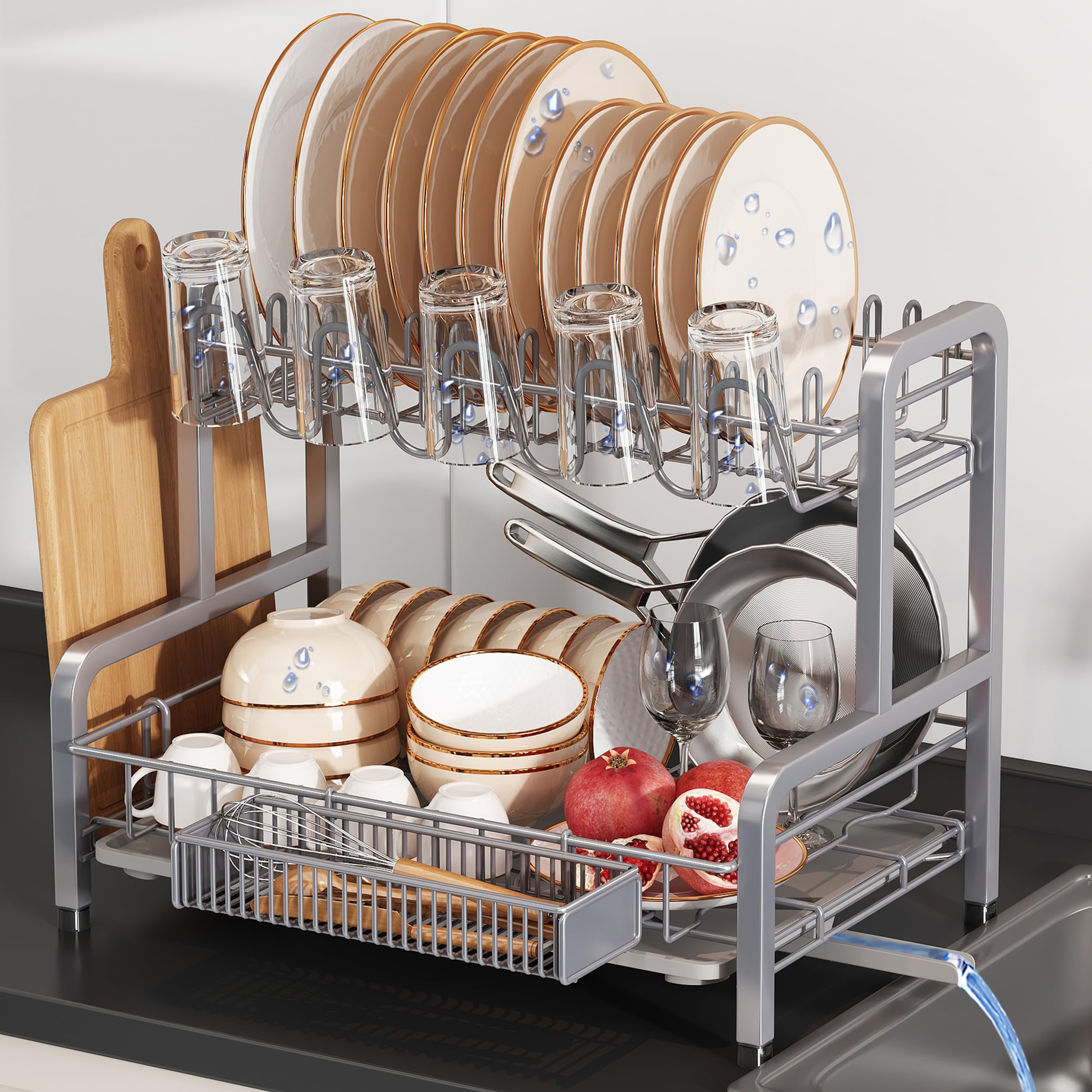 Photo 1 of 2 Tier Dish Drainers Drying Rack for Kitchen Counter Large Stainless Steel Dishes Drain with Drainboard, Space Saving, Big Modern Silver Countertop Metal Plates Dryer Strainer Holder and Extra Tray