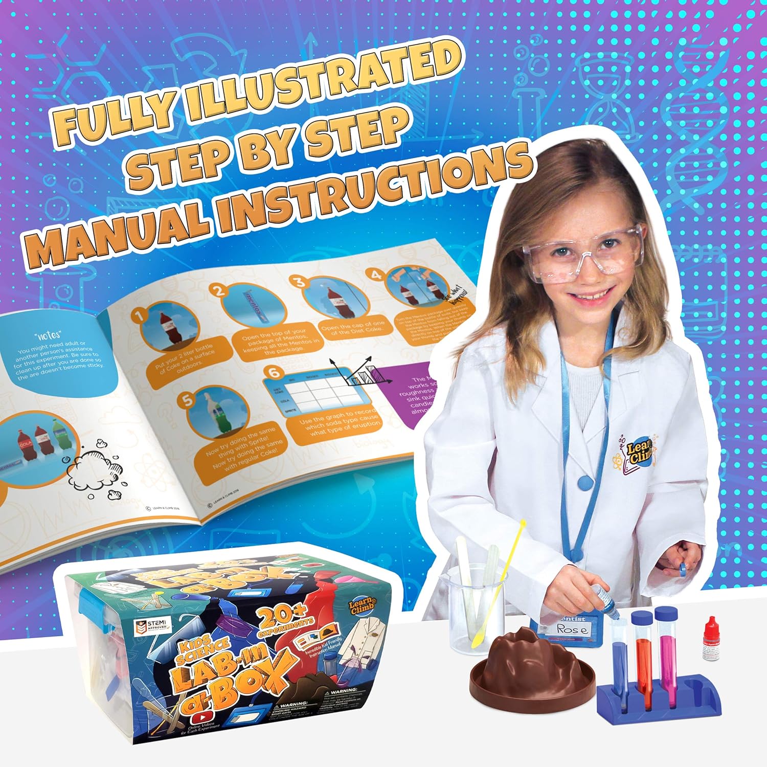 Learn & Climb Kids Science Kit with Lab Coat - Over 20 Science Experiments. Ages 4+ ( Color of Lab Coat Buttons May Vary): Toys & Games