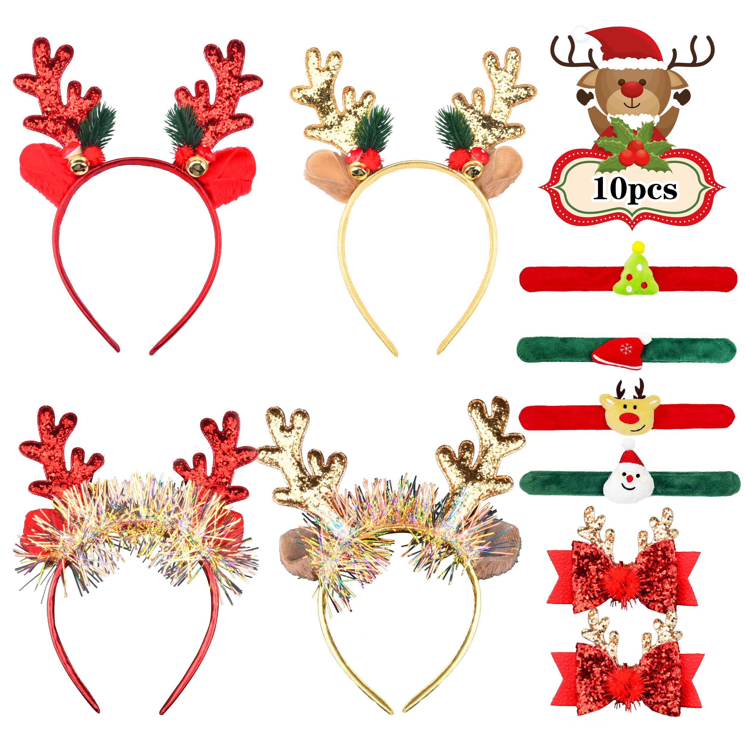 Embravfire 10 PCS Christmas Headbands Reindeer Antlers Headband Set with Headbands, Christmas Snap Bands, Christmas Hair Clips Christmas Head Accessories for Adults Kids for Christmas Party