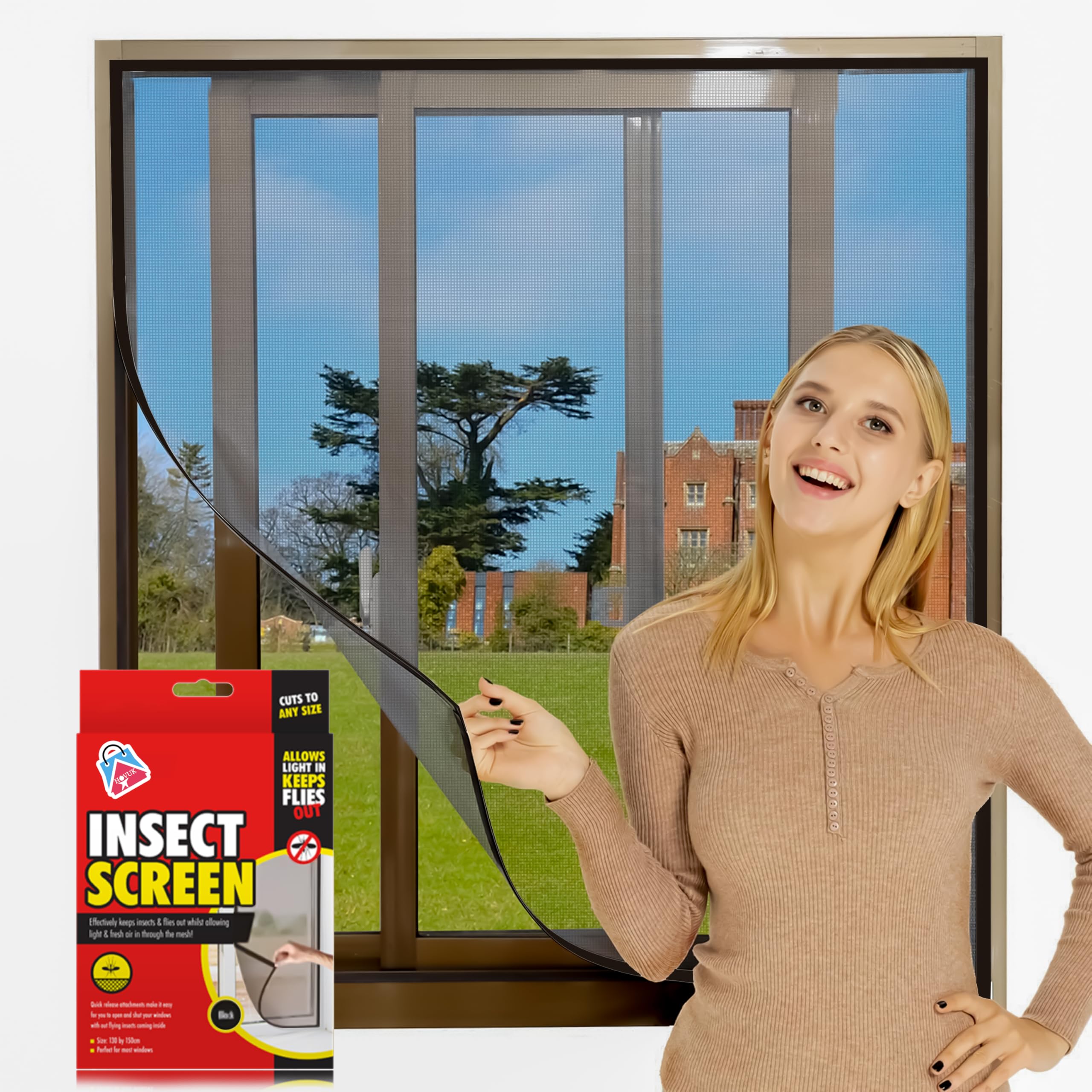 Window Screen 150x130cm, Mosquito Netting, Black Insect Mesh Curtain, Window Bug Screen with Hook and Sticky Tape, Bug Net for Windows