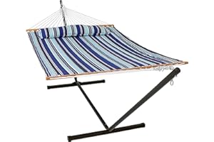 Sunnydaze Quilted Double Hammock with Stand for Outside - 350-Pound Capacity 2-Person Hammock with Stand - 12-Foot Stand - Ca