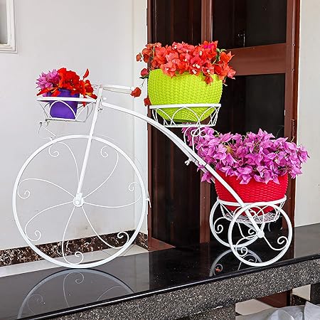 Livzing Tricycle Plant Stand Flower Pot Holder Indoor Outdoor Display Decor Bicycle Rack for Home Balcony Garden Living Room (White)