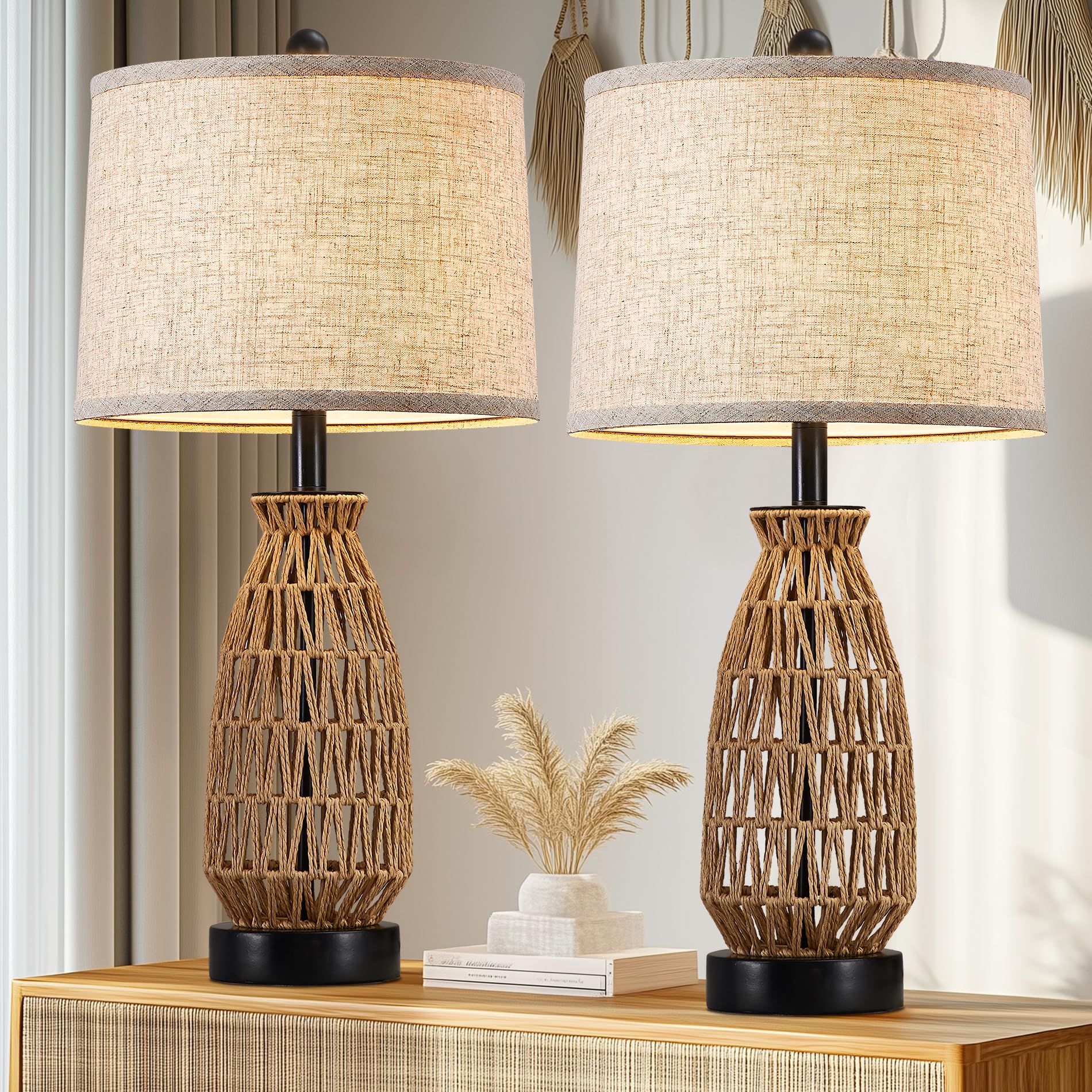 View 1 of ****FINAL SALE NOT RETURNS****BROKEN
Boho Table Lamp Set of 2, 27" Handwoven Rattan Lamps with Fabric Shade, Bohemian Farmhouse Bedside Lamp Modern Wicker Lamps with Rotary Switch for Bedroom Living Room Nightstands Dorm Farmhouse Decor