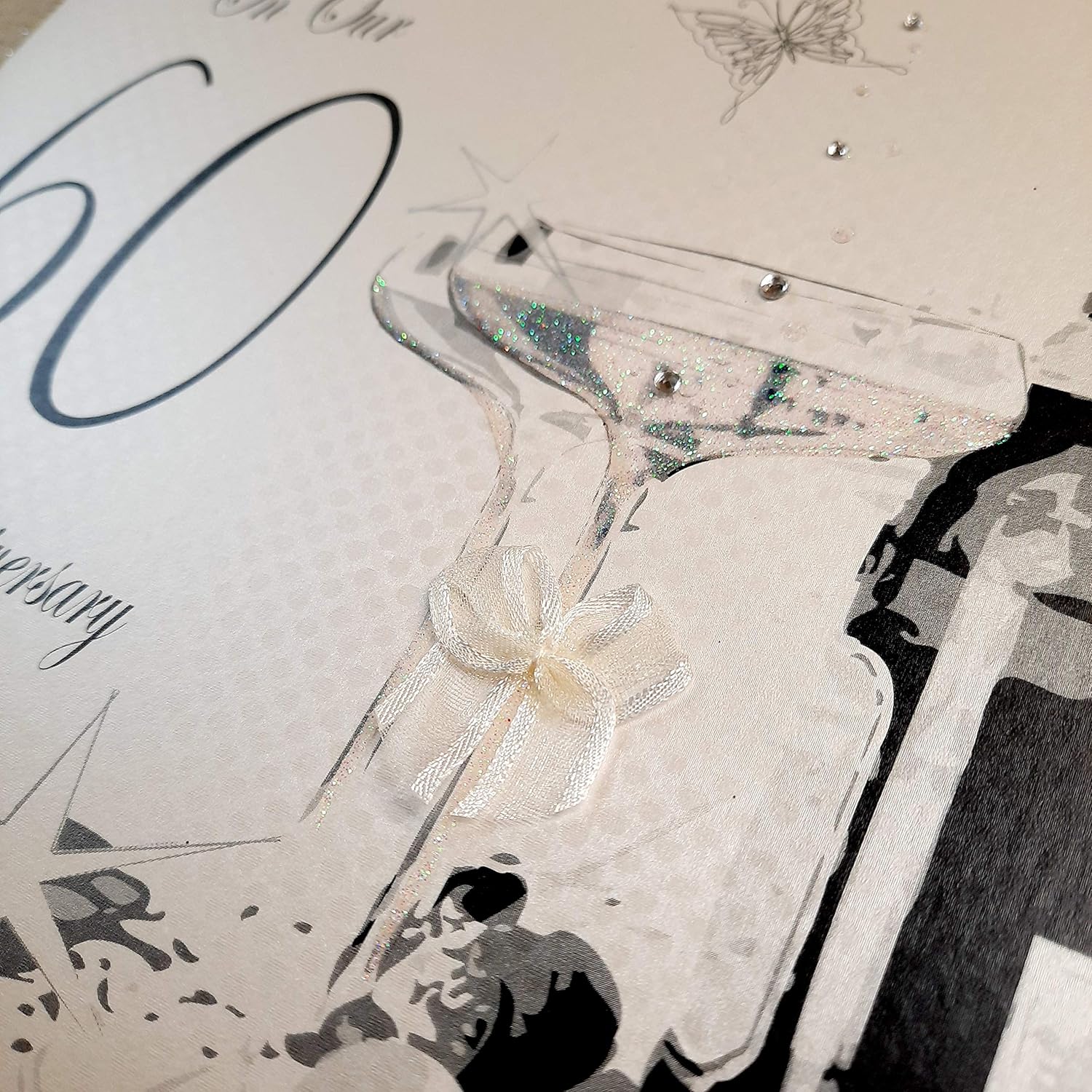 white cotton cards On Our Diamond Wedding, Large Handmade 60th Anniversary Card (Champagne & Chocolates), 22cm x 22cm - Image 3