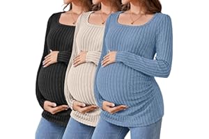 Ficerd 3 Pack Women's Maternity Tops, Long Sleeve Pregnancy Sweaters Scoop Neck Ribbed Knit Casual Pregnant Tee Shirts