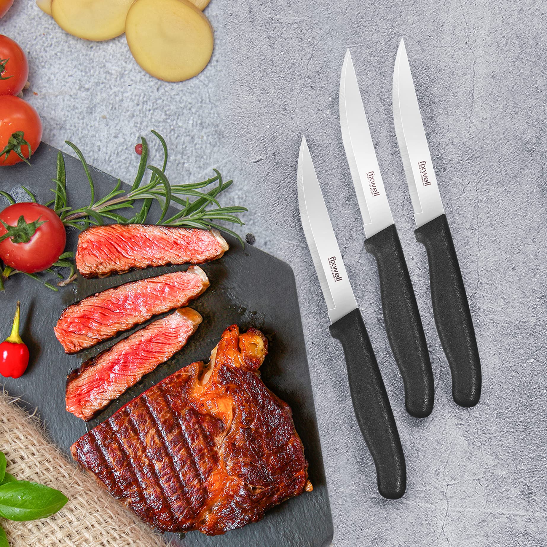 Fixwell® Steakmesser, schwarz I sehr scharfes Fleisch-Messer, ideal für den Esstisch und Grillfleisch – sehr langlebig, rostfrei | spülmaschinenfest & lebensmittelecht | 100% Made in Germany seit 1955 3