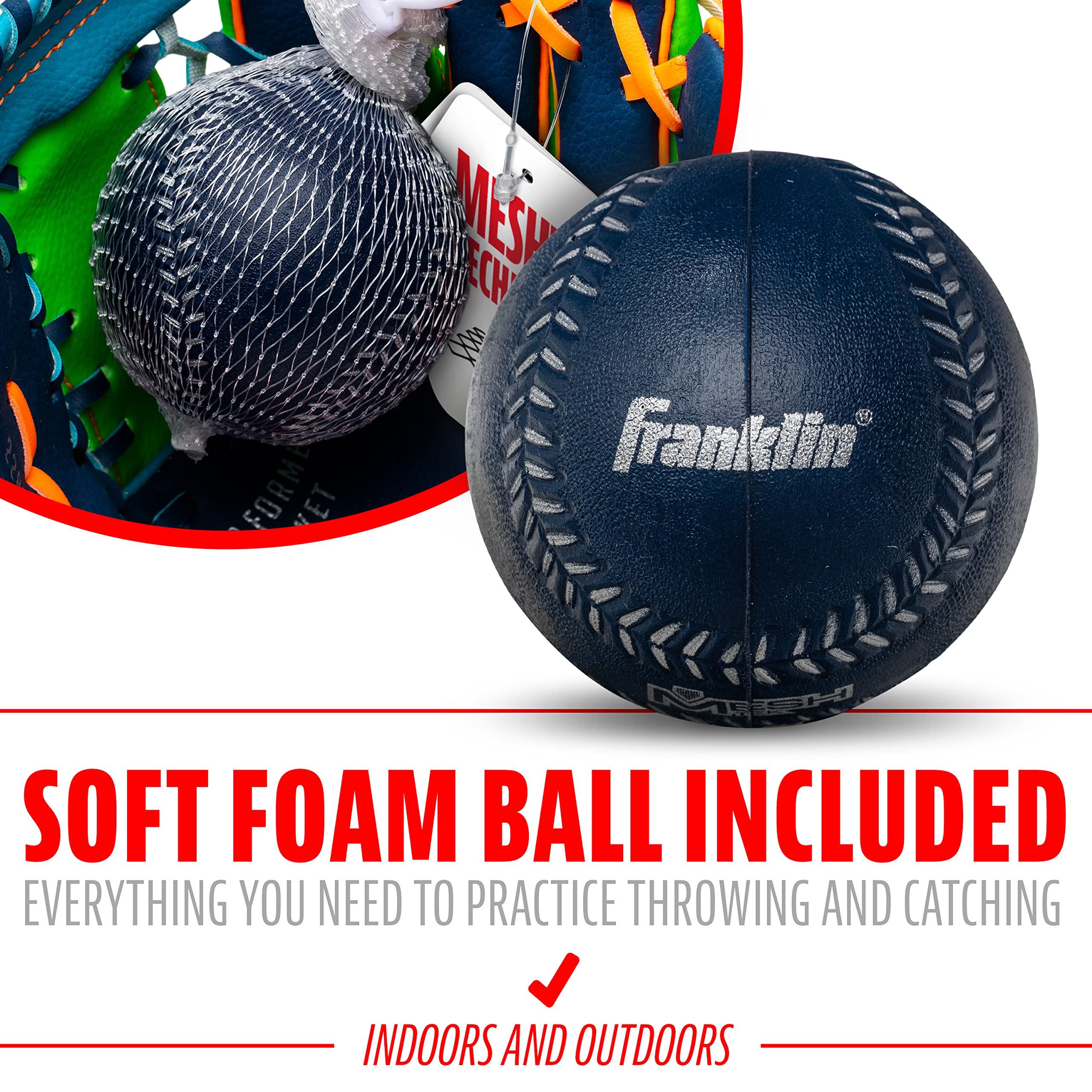 Franklin Sports Kids Baseball Glove + Foam Ball Sets - Meshtek Youth Teeball Gloves for Kids + Toddlers - Left + Right Hand Throw - 9.5