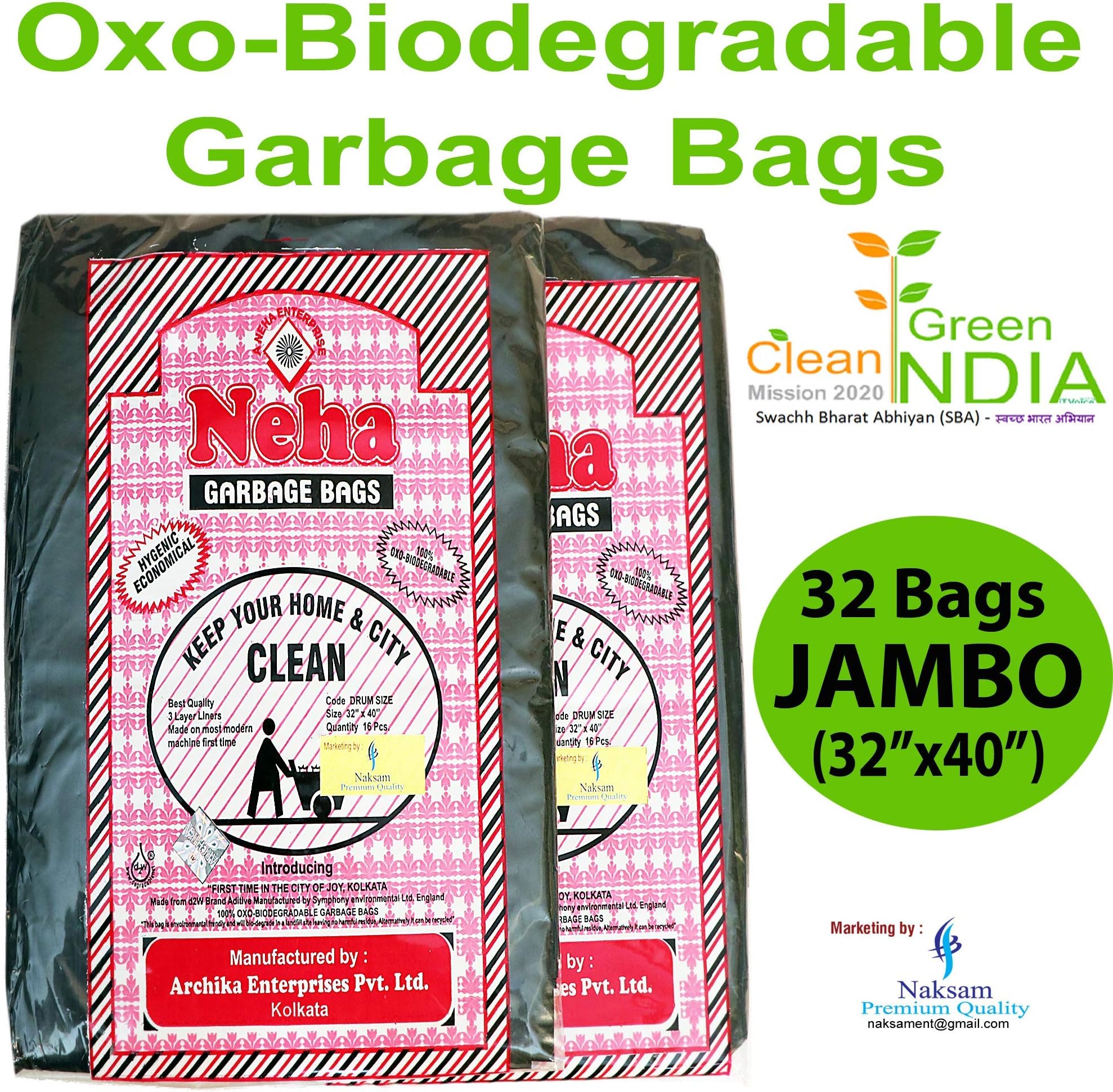 Neha Biodegradable Garbage Bags - Jumbo Size(32 inch x 40 inch) With Rubber Band - Black (32 Bags)