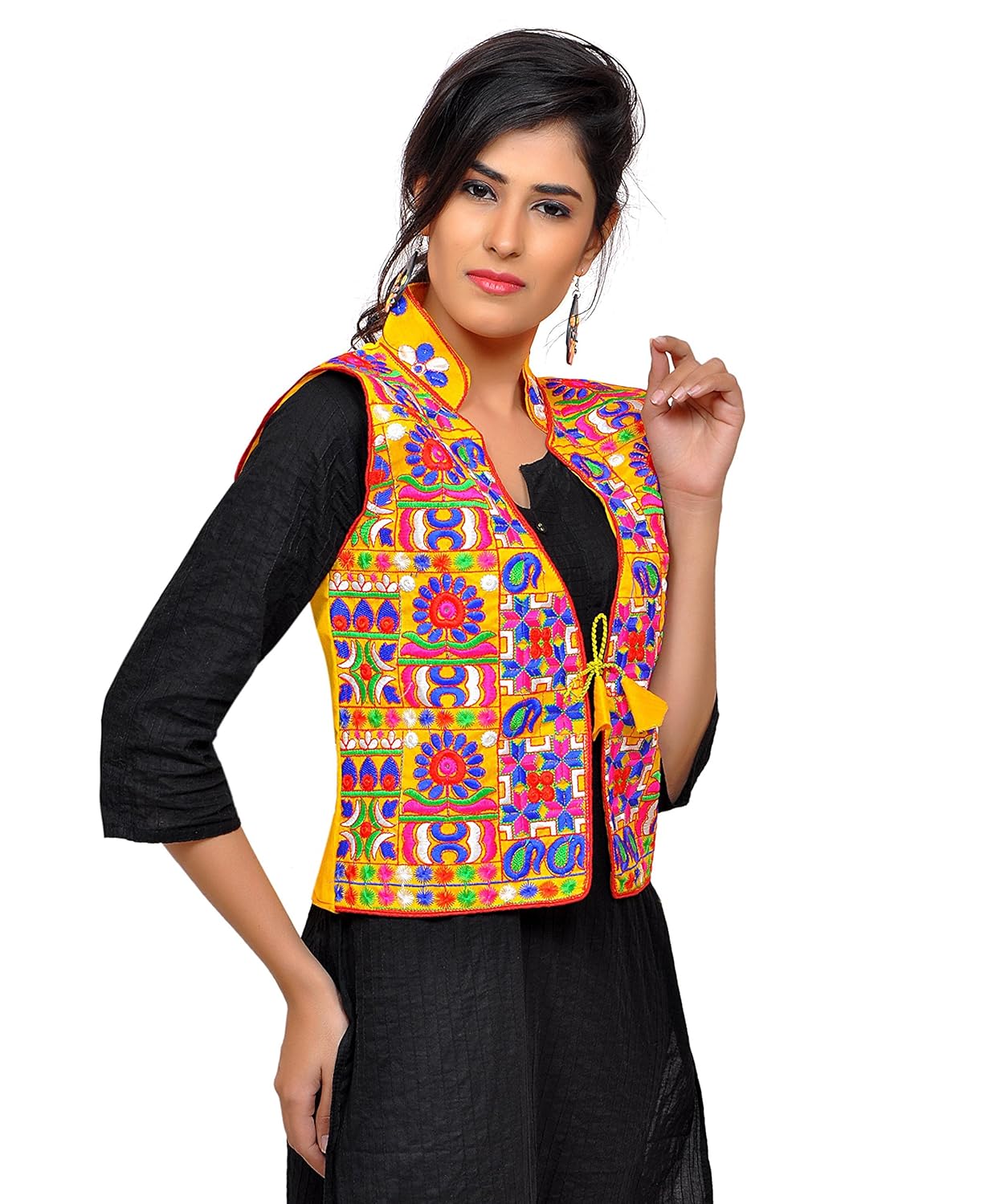 banjara women's cotton blend kutchi jacket/koti (mjk-skeri05) - yellow