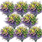 Hananona Artificial Flowers Outdoor, Faux Artificial Plants UV Resistant Plastic Flower Bulk for Hanging Planter Porch Window Home Wedding Fall Summer Decor (24, Fuchsia, Purple, Yellow, Green)