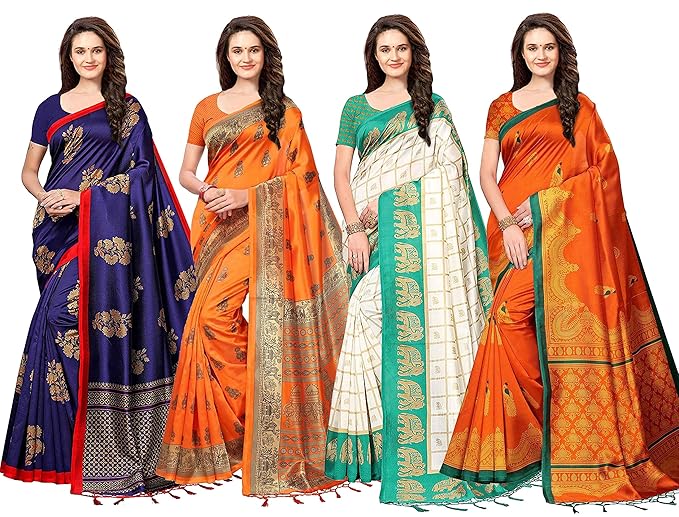 Women's Art Silk Saree with Blouse Piece (Multicolor) Pack of 4