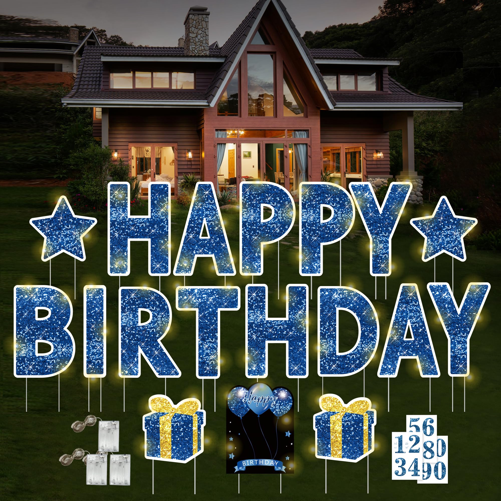 Photo 1 of 18 Pcs Happy Birthday Yard Sign with Stakes, Blue Happy Birthday Yard Sign with 49.2 Ft LED Light, 16 In Large Personalized Happy Birthday Sign, Waterproof Lawn Garden Birthday Party Decorations