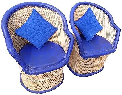 PatioStack Bamboo Leather Handicraft Outdoor Rattan & Wicker Sitting Chairs Furniture Set for Garden / Terrace / Lawn / Balcony / Restaurant / Cafe / Living Room / Drawing Room [ 2 Blue Chairs With Cushion, Size :18*18*34 ]