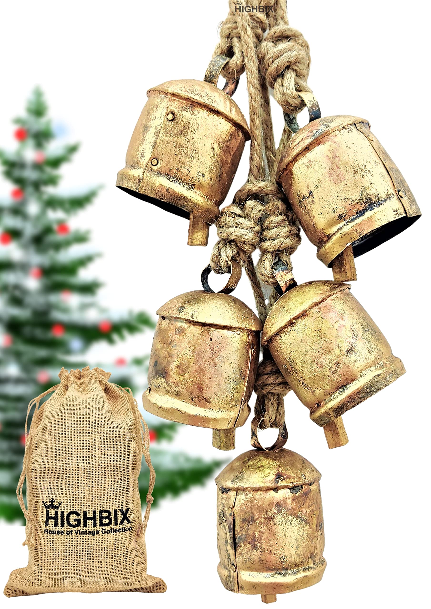 HIGHBIX Large Rustic Vintage Lucky Cow Bells On Rope Wall Hanging Decor Set of 5