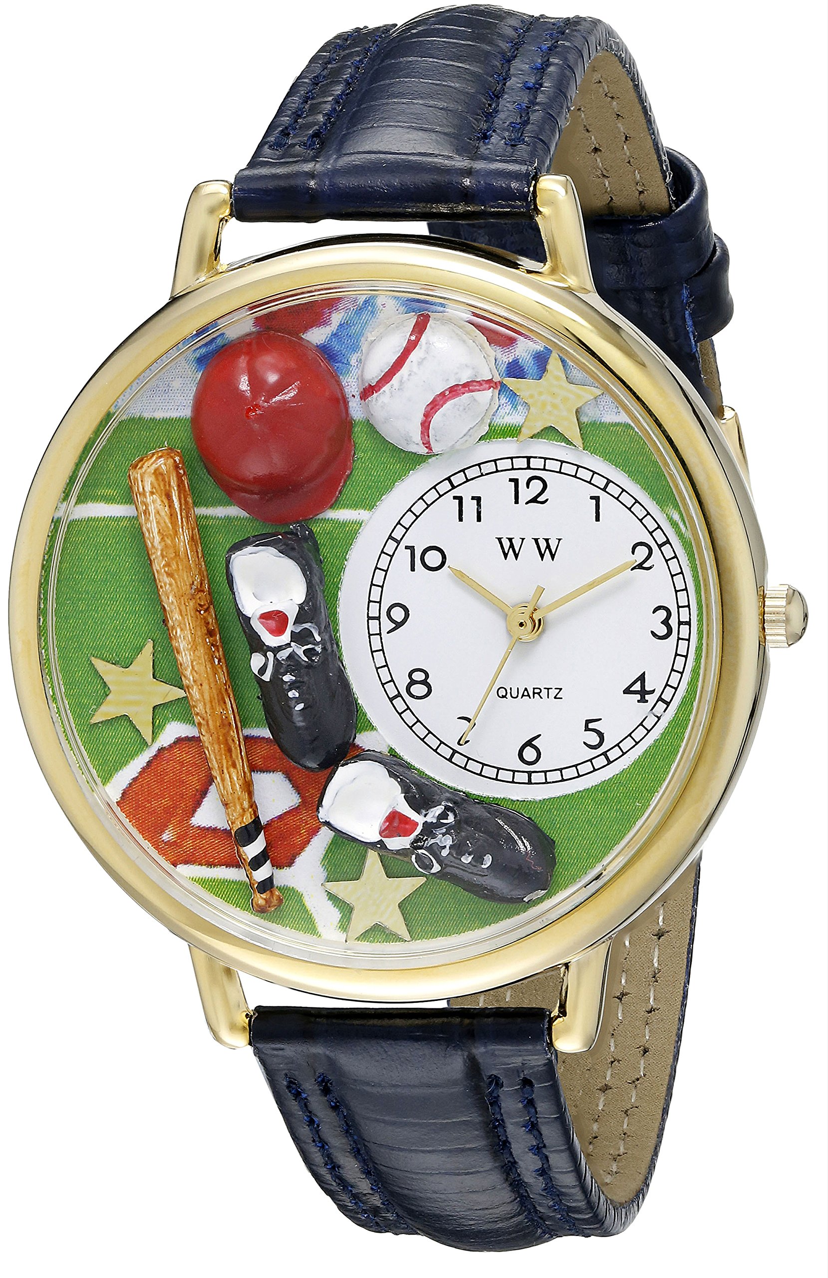 Whimsical Watches Baseball Navy Blue Leather and Goldtone Unisex Quartz Watch with White Dial Analogue Display and Multicolour Leather Strap G-0820007