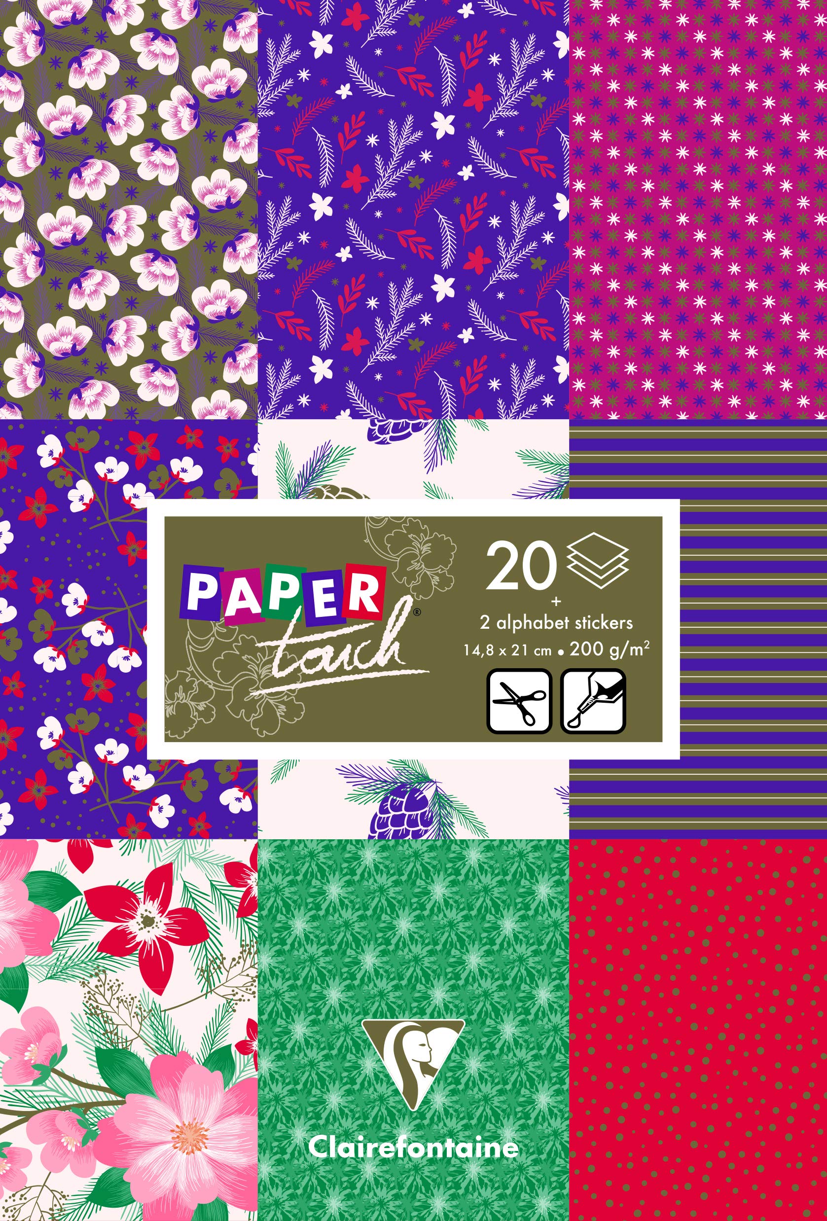 Clairefontaine 95263C - Pad of 20 Motif Sheets 200g Cardstock Alphabet Stickers Cut-Out Labels A5 14.8x21cm Creative Leisure Scrapbooking Paper Winter Floral
