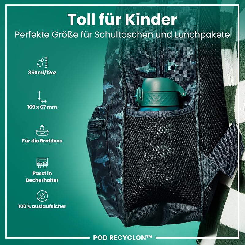 Kinder Trinkflasche, 350ml, Auslaufsicher, Einhandöffnung, Sichere Verriegelung, Spülmaschinenfest, BPA-frei, Tragegriff, Klappdeckel, Leicht zu Reinigen, Haie