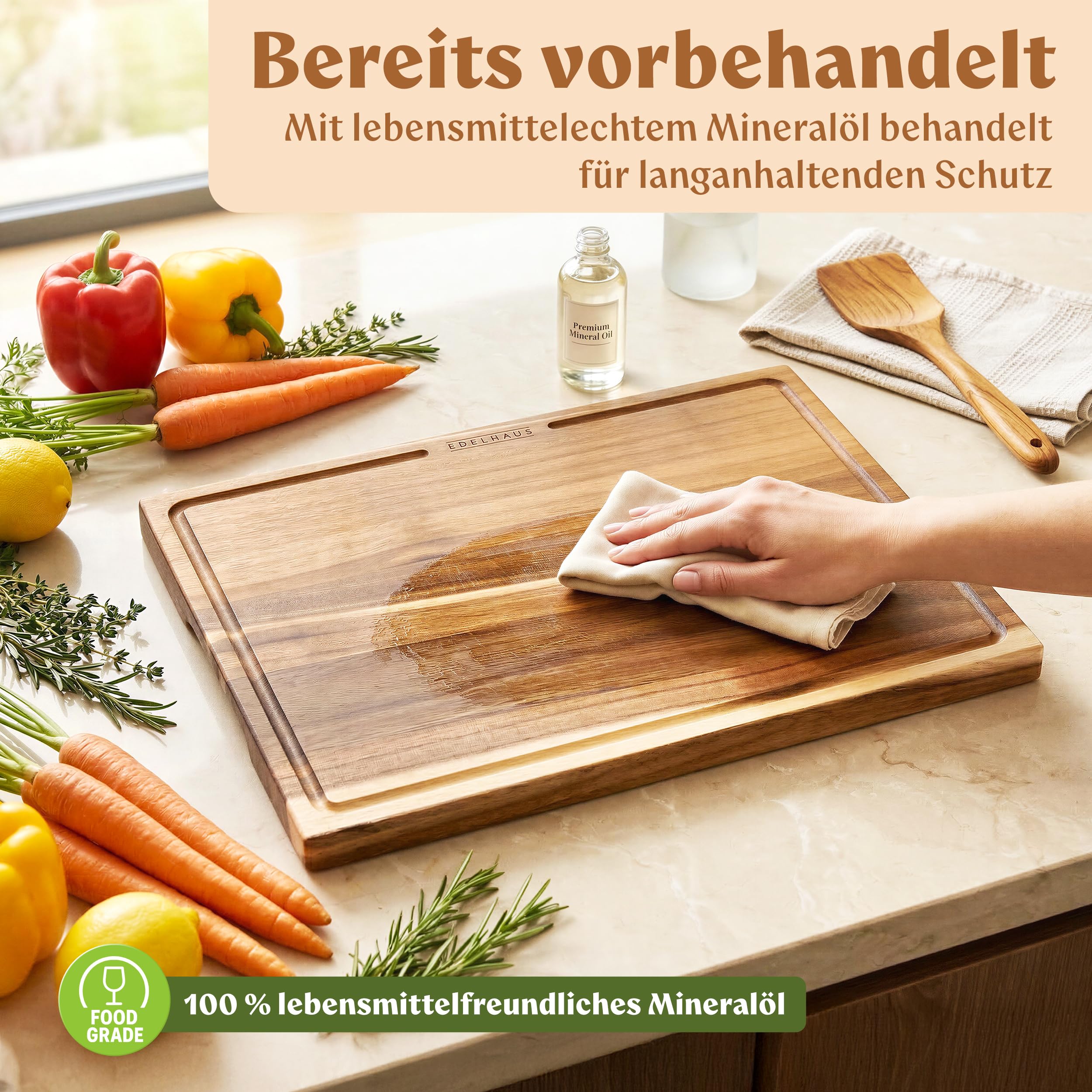 EDELHAUS Schneidebrett Holz 3er Set (40x30cm / 33x24cm / 26x18cm) Holzschneidebrett aus Massiver Akazie - 2cm dicke Holzbretter Küche mit Saftrille - Design Cutting Board Schneidbrett Set 9