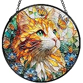 XFCICRLJ Cat Flower Suncatcher Stained Glass Window Hanging, Butterfly Floral Orange Cat Sun Catchers Indoor Window Glass Wall Art Decor, Kitten Floral Wall Hanging Decor, 7.9x7.9 Inch 035-MH-BLGH
