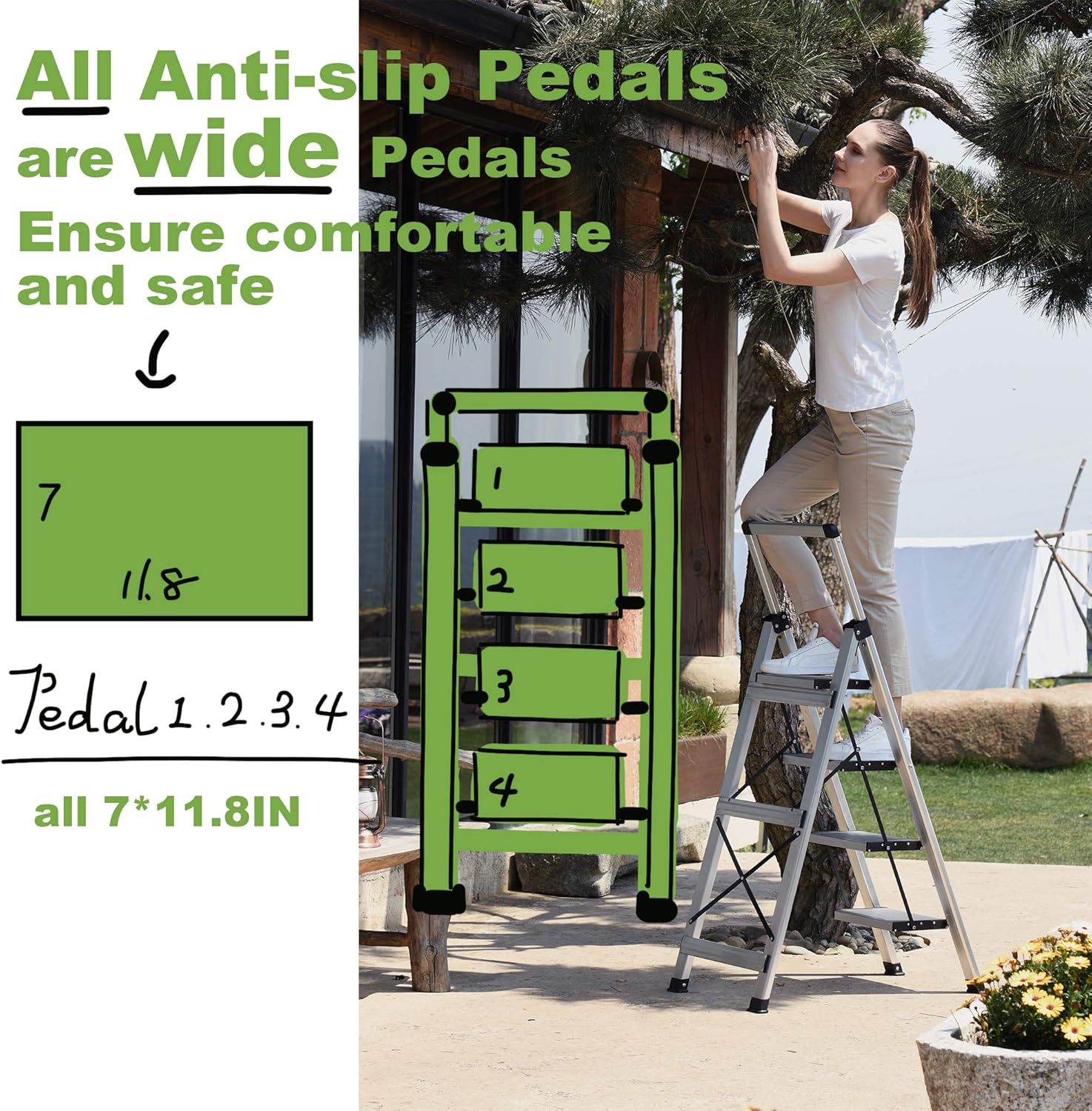 Xinsunho Retractable Handgrip 4 Step Ladder Safety Wide Pedal Step Stool Aluminum 300lbs Capacity Slim Design Ladder - - 
