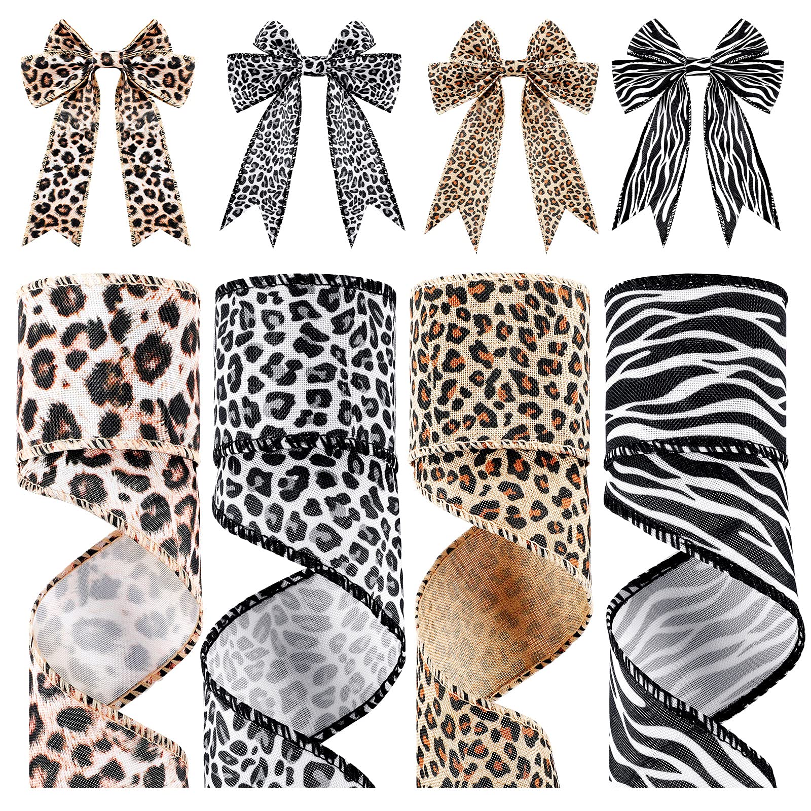 Photo 1 of Waydress 4 Rolls 2 Inch 20 Yards Leopard Print Ribbon Jungle Animal Zebra Cheetah Safari Ribbon Polyester Wired Edge Ornaments Decorative Wrapping for Home DIY Craft Wreath Bow Gift Wrap Party Decor